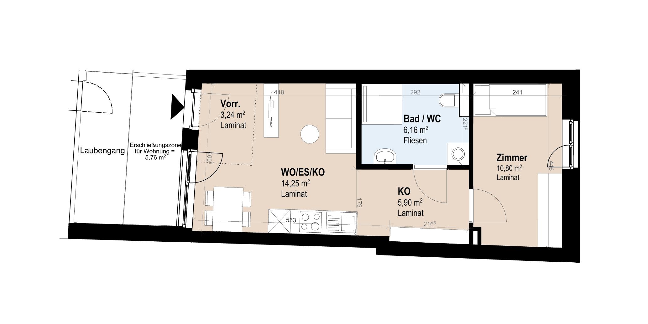 Neubauwohnung im 3. Stock mit 2 Zimmern