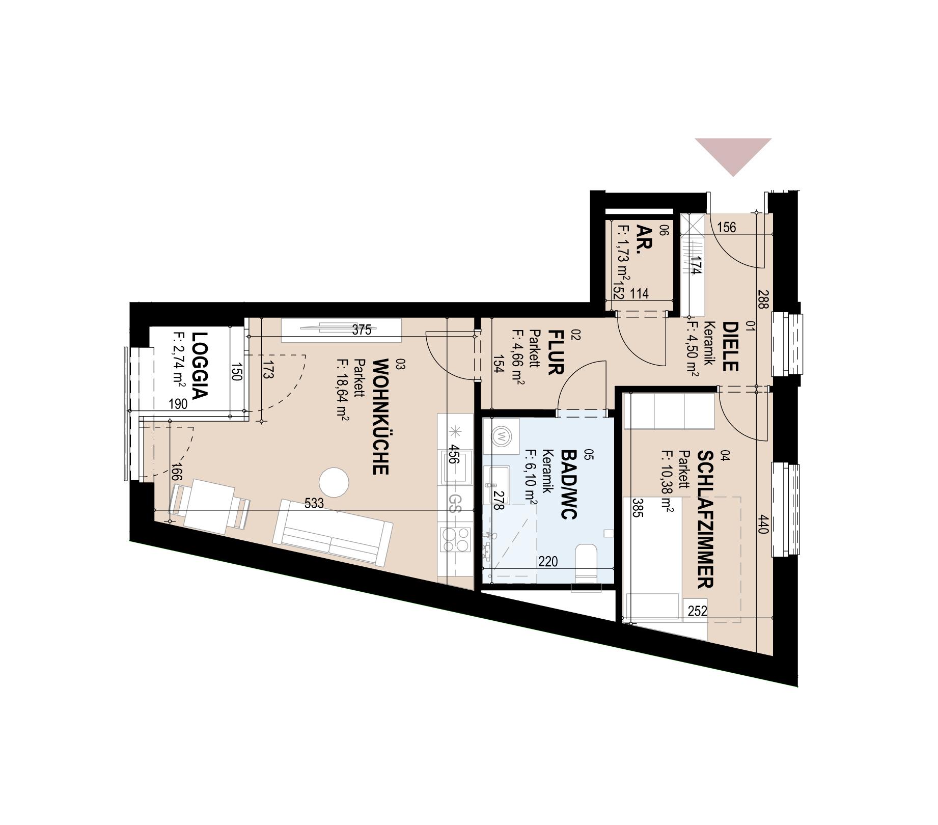 Geförderte Neubauwohnung mit Loggia, 1. Stock, 46 m², 2 Zimmer Geförderte Neubauwohnung mit Loggia, 1. Stock, 46 m², 2 Zimmer